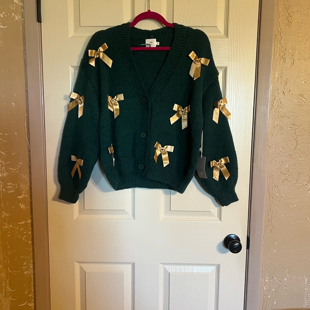 Luna Ivy Dark Green Bow-Accent V-Neck Women's Cardigan Sweater-Small